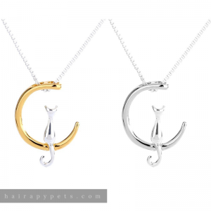 cat in the moon necklace gold-silver & silver